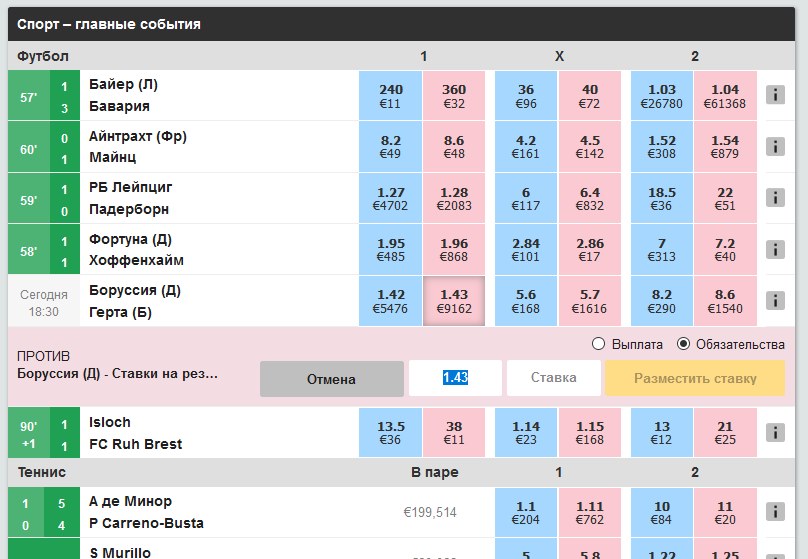 Пример возможной ставки в режиме back и lay